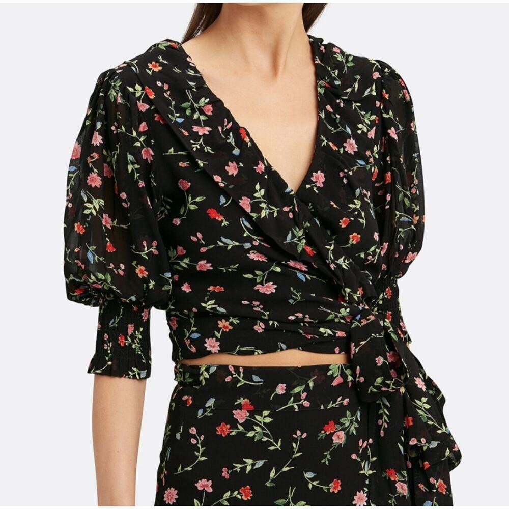 Ganni Paradise Elm Georgette Black Floral Wrap Top EUR 40 US Large Feminine
